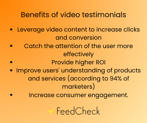 Image depicting the benefits of video testimonials: leverage video content to increase clicks and conversion, catch the attention of the user more effectively, provide higher ROI, improve users' understanding of products and services (according to 94% of marketers), and increase consumer engagement.