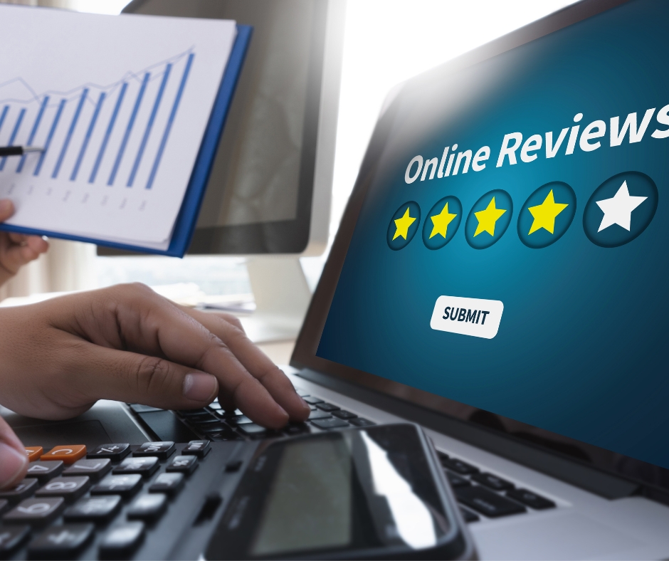 Image of person looking at online reviews and ratings.